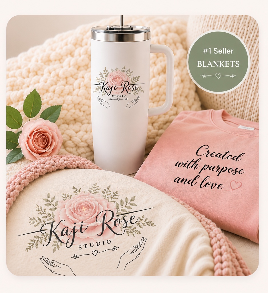 Kaji Rose Studio custom blanket, tumbler, and apparel